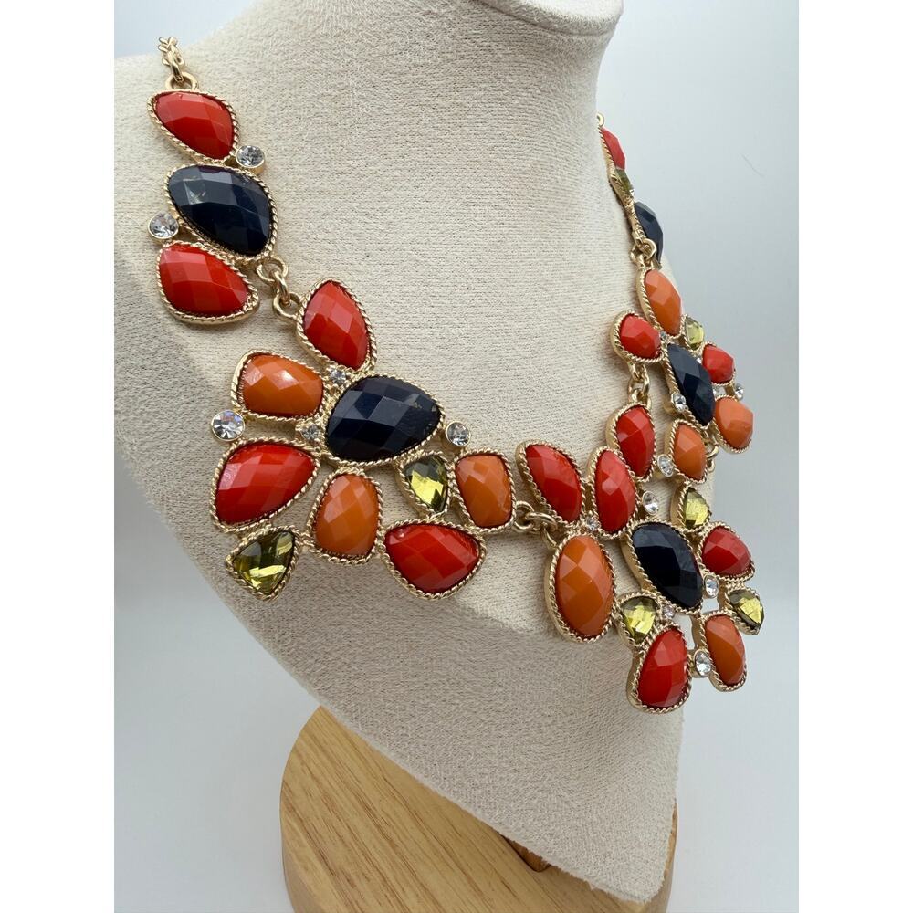 Orange Black Statement Bib Necklace | Faceted Gem Collar - Picture 2 of 3